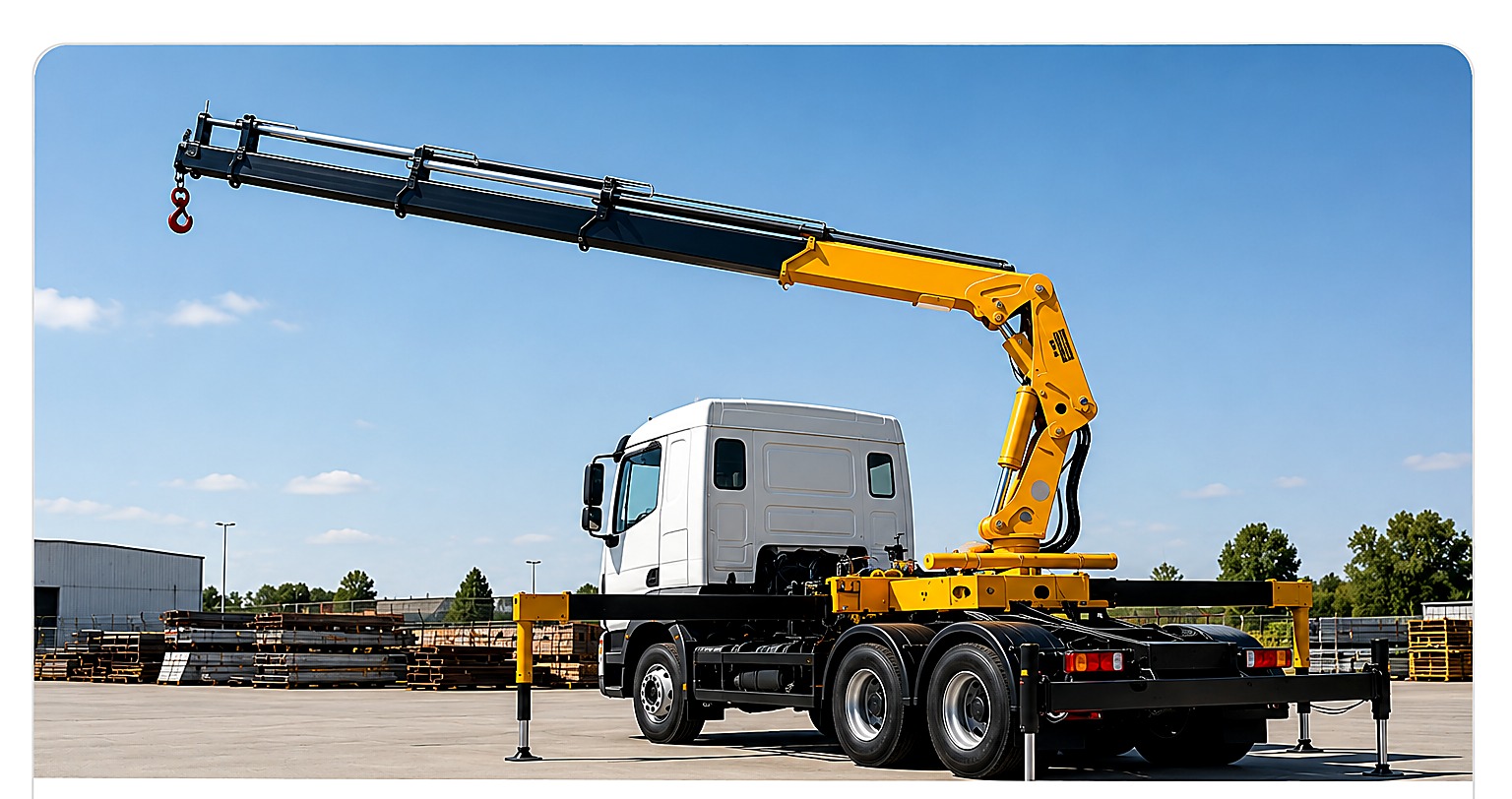 Caminhão equipado com guindaste articulado hidráulico veicular em pátio industrial