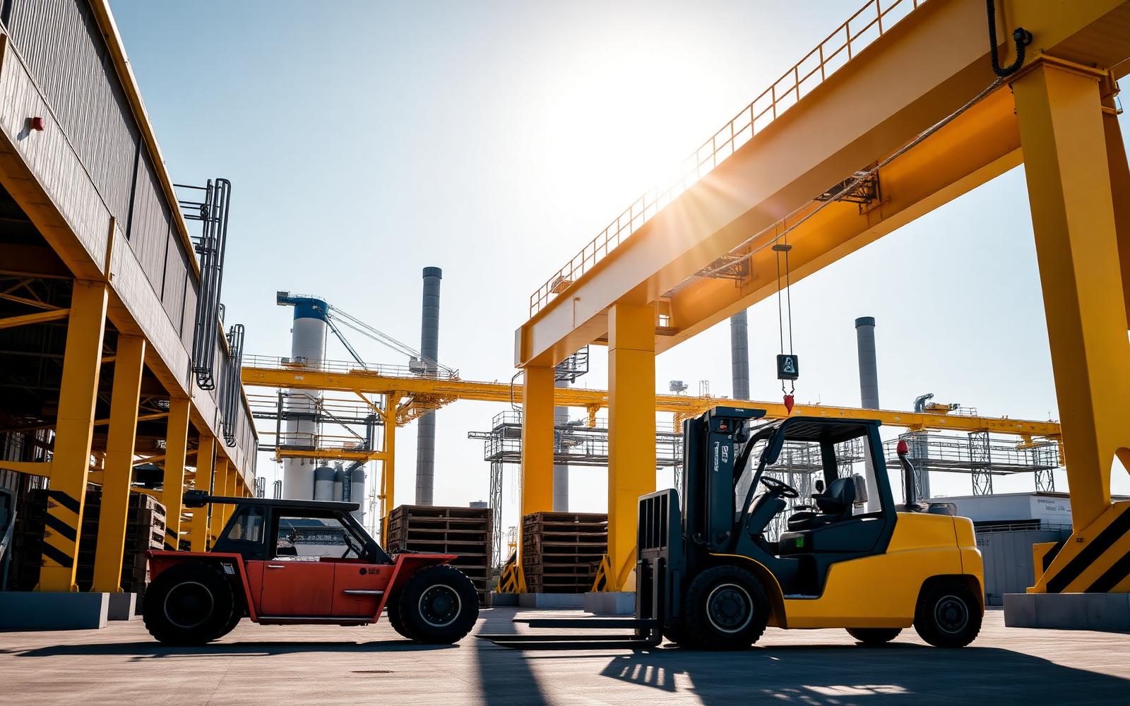Guindaste e empilhadeira em pátio industrial durante o dia